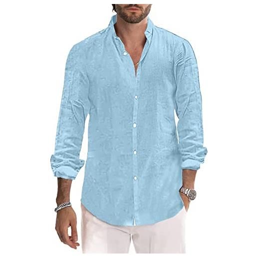 Sprifloral camicia da uomo in cotone e lino, casual, a maniche lunghe, con bottoni, da spiaggia, m-3xl, grigio chiaro, 3xl