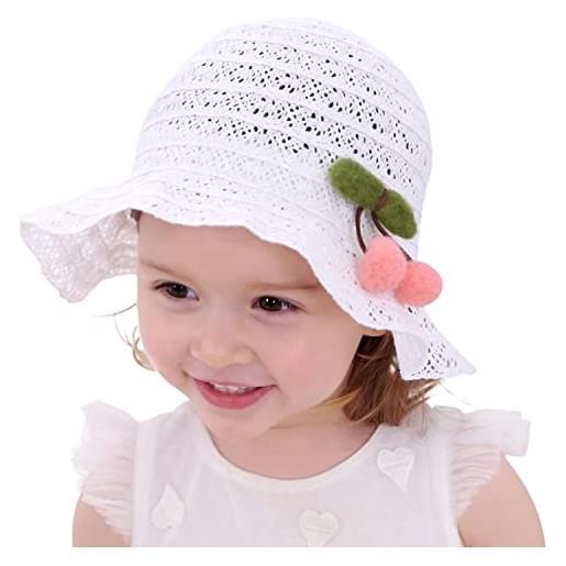 ANIMQUE bebè cotone cappello da sole ciliegia pizzo traforato super morbido cappello traspirante bambina estiva super morbidi farfalla bambino carino principessa cappello da pescatore, bianco 48cm