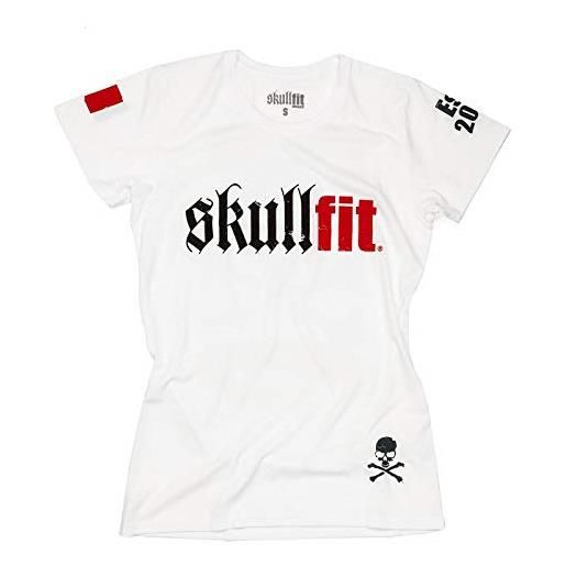 Skullfit - skinny t-shirt tecnica manica corta da donna per palestra, crossfit e fitness, vestibilità slim - bianco born, l
