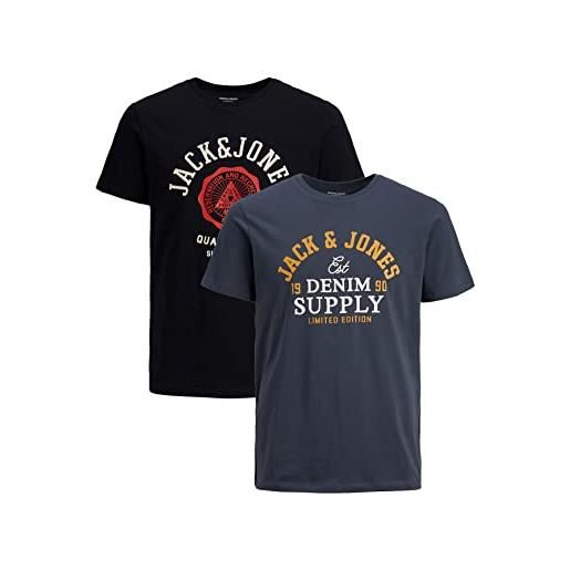 JACK & JONES herren t-shirt logo, confezione da 2 pezzi girocollo maniche corte maglietta con maniche corte set jjelogo, colore: nero-blu-antracite, size: xs