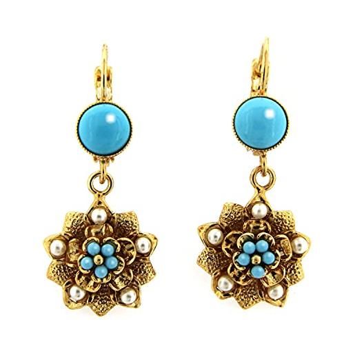 Mokilu' - gioielli - orecchini vintage - donna - ottone dorato 24kt - motivo floreale - pietra turchese - cabochon - perle