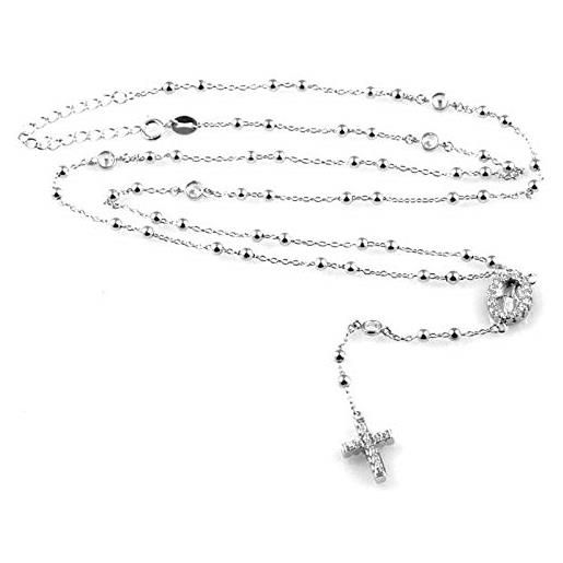 Gioielleria Bucci collana unisex rosario con croce in argento 925 rodiato oro bianco con zirconi