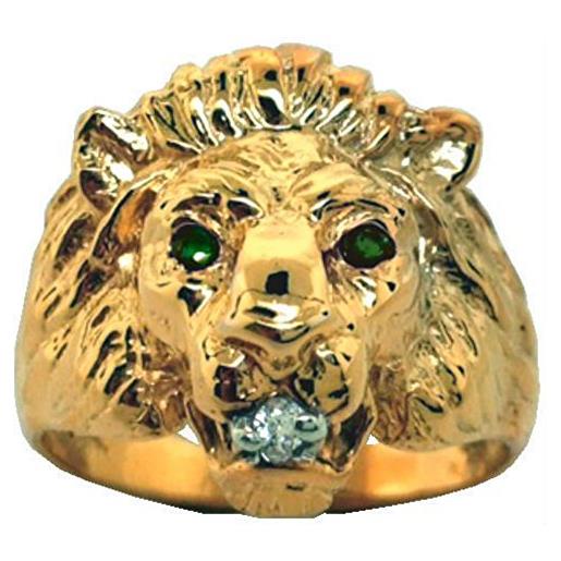 Rylos anello in argento sterling o argento placcato oro con testa di leone con diamante e smeraldo