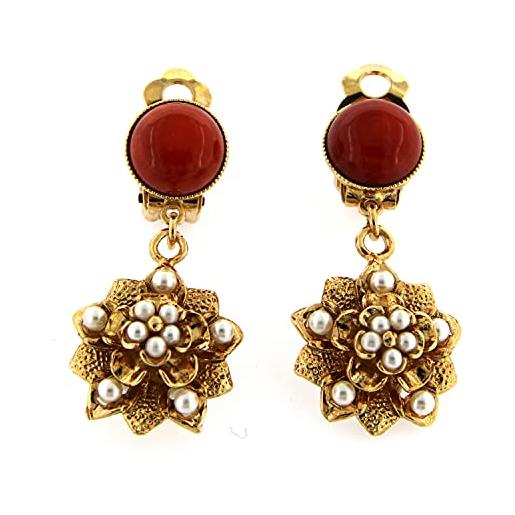 Mokilu' - gioielli - orecchini vintage - donna - ottone dorato 24kt - motivo floreale - corallo - perle