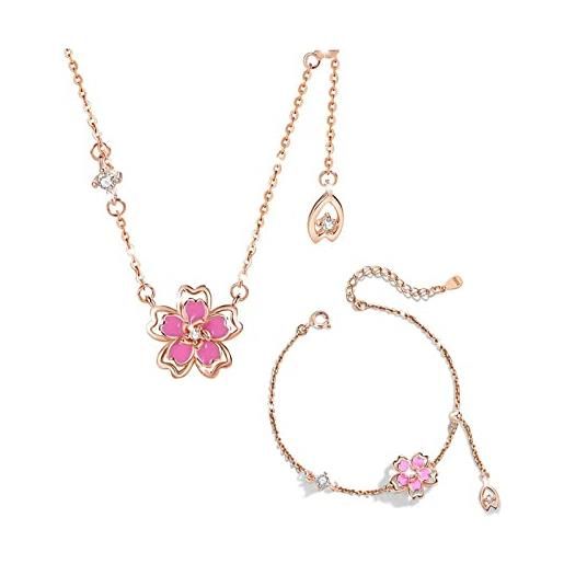 JZ sakura set di gioielli per ragazza donna pink cubic zirconia delle donne party jewelry set orecchini di modo pendente braccialetto collana 925 argento