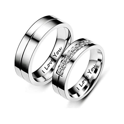 Beydodo anelli da matrimonio coppia, anello i love you con zircone misura 22 e misura 25 anelli lui e lei coppia fidanzati acciaio inossidabile