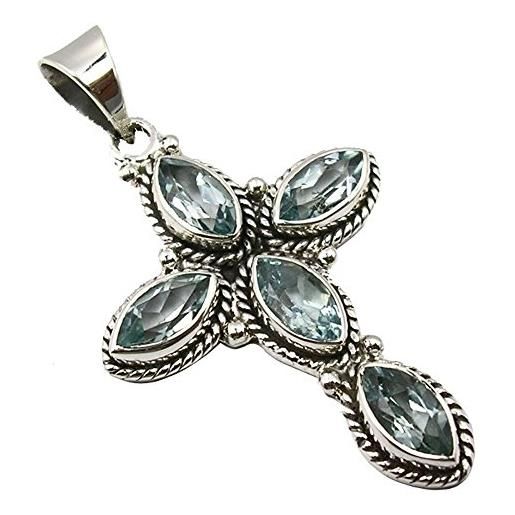 Unique collane ciondolo per la donna naturele topazio blu 12.5 carati croce argento 925 qualità come gioielliere
