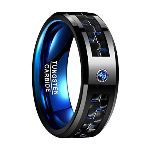 NUNCAD 8mm blu + nero anello in tungsteno uomo/donna/unisex, anello con fibra di carbonio e zircone blu per gioielli souvenir regalo taglia 14.5