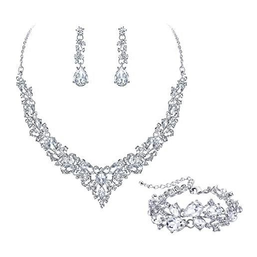 EVER FAITH gioielli da sposa per donna, collana a grappolo in cristallo goccia austriaco, orecchini pendenti, bracciale con link bianco argento fondo