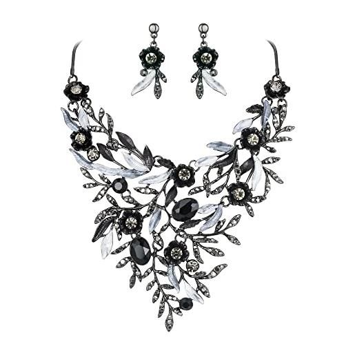 Clearine matrimonio sposa foglia cluster set di gioielli per donne cristalli fiore smalto statement collana orecchini pendenti pendenti regalo nero nero-fondo