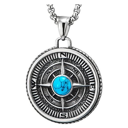 COOLSTEELANDBEYOND annata bussola cerchio médaille ciondolo con pietre turchese, collana con pendente da uomo donna, acciaio, due lati