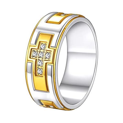 Supcare anello uomo con croce zirconi, anelli uomo acciaio, 11 us misura anello uomo oro+ argento, idee regalo per papà adulti