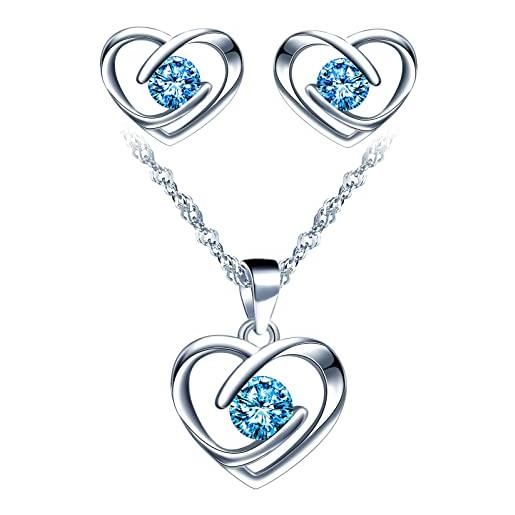 Yumilok-collana con ciondolo per donna s925 argento sterling semplice cuore vuoto amore zircone orecchini a bottone in argento sterling combinazione set moderno e bello(blu)