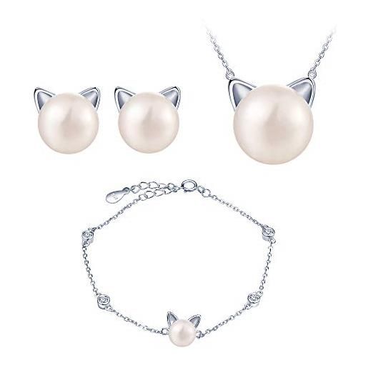 Yumilok, set di gioielli da donna, collana in argento sterling 925, con ciondolo a forma di gatto, con perle e zirconi, braccialetto e orecchini