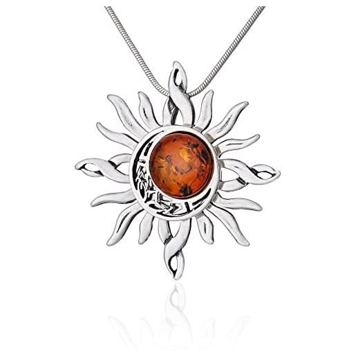 AMBEDORA, collana da donna in ambra baltica, argento 925 ossidato, ciondolo celtico del sole e della luna su catena, set regalo