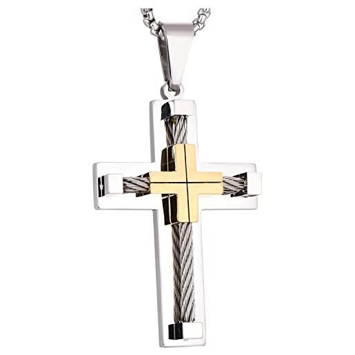 YL collana a croce in acciaio inossidabile con pendente per uomo in oro 18 carati e placcato in oro bianco placcato gesù cristo, catena a fune intrecciata da 60 cm