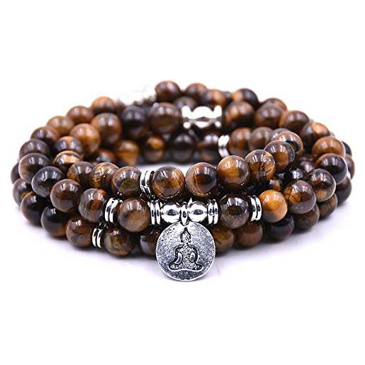 Self-Discovery natural 108 mala beads bracciale collana gioielli da meditazione con ciondolo yoga (occhio di tigre marrone (brown tiger eye))