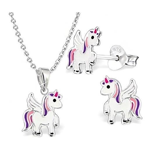 Goldene Hufeisen gh* kids, mini unicorno per bambini, set ciondolo + collana + orecchini in argento sterling 925, orecchini da ragazza, cavallo pegasus e argento, cod. S-0l0937