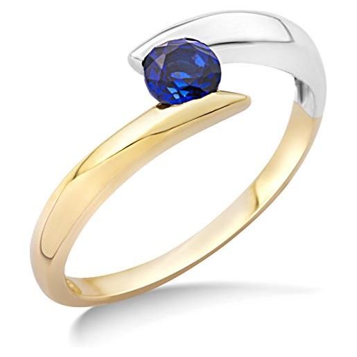 MIORE anello solitario da donna miore in oro bianco e oro giallo con zaffiro blu centrale di colore brillante, vero oro 9kt 375, anello di fidanzamento con gemma brillante. Solitario anallergico. (16)