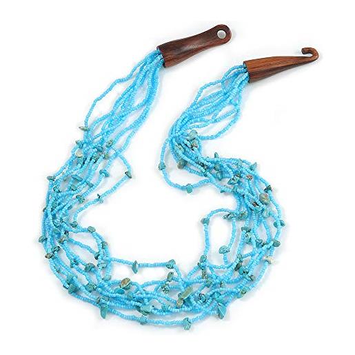 Avalaya collana etnica multifilo con perle di vetro azzurre, pietra semipreziosa con chiusura a gancio in legno, lunghezza 60 cm, misura unica, vetro