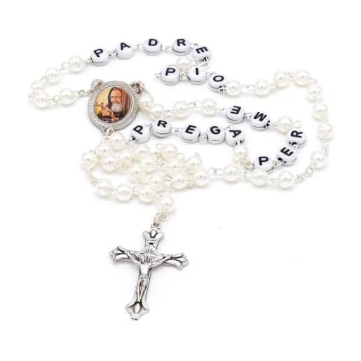 Holy Family rosario padre pio con perle effetto madreperla bianca con frase prega per me e croce di gesù fatto a mano collana di rosario cattolico