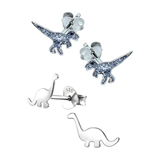 Katy Craig orecchini a forma di dinosauro, 2 paia, in argento sterling 925 (tinta unita e luccicanti), argento