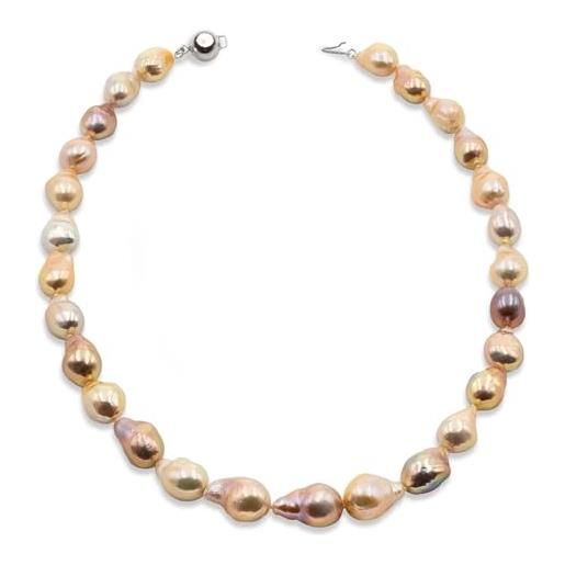 Secret & You collana di perle coltivate d'acqua dolce da donna grande barocco naturale multicolore 42 cm di lunghezza perle barocche 11-13 mm con glitter metallico e nodo tra ogni perla. 