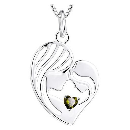 YL collana madre e figlia argento 925 e agosto pietra portafortuna zirconia cubica peridoto verde pendente cuore per mamma donna, catena 18-20cm