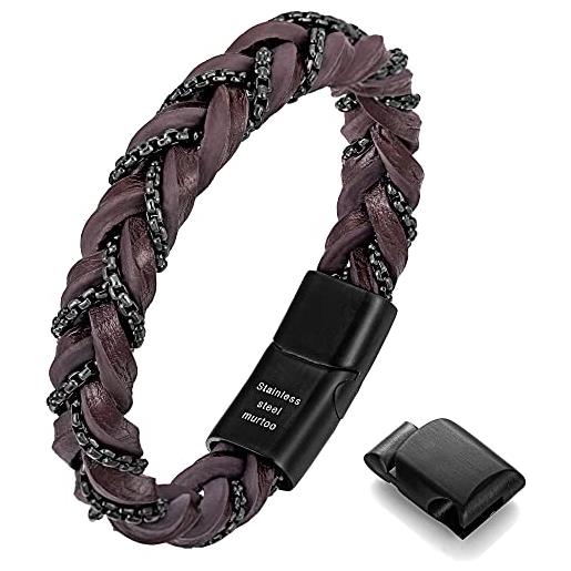 Murtoo punto bracciale da uomo in pelle intrecciata marrone e nero chiusura magnetica in acciaio regalo per uomo (marrone, 22.5)