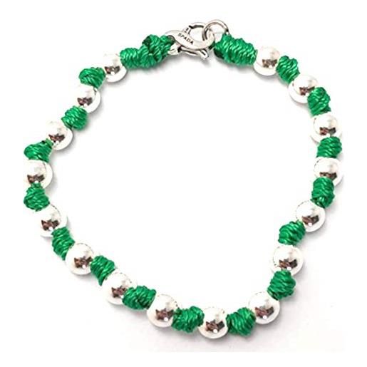 Spadarella spadino bracciale con sfere in argento 925 di diametro 6 mm e cotone nautico verde smeraldo. Fatto a mano. Unisex. Lunghezza 17 cm. 