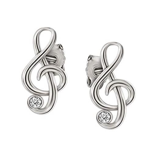 Clever schmuck - piccoli ed eleganti orecchini a bottone a forma di nota musicale, in argento bianco 925, con sfavillanti zirconi;Dimensioni: 9 x 5 mm