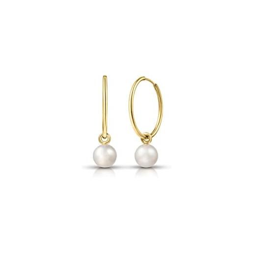 Amberta allure orecchini a cerchio con pendente a perla per donna in oro giallo 9 carati: orecchini 15 mm con perla da 5 a 6 mm