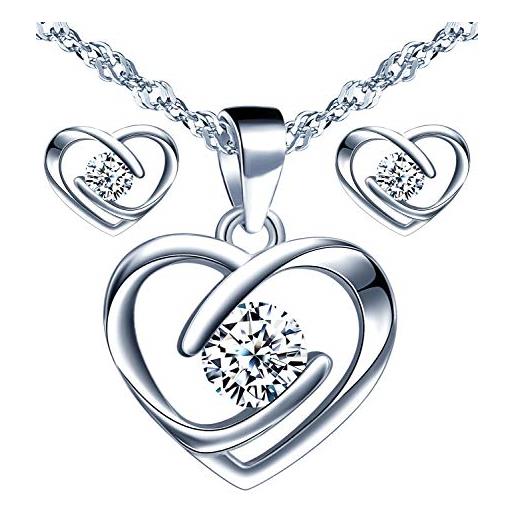 Yumilok - parure di gioielli con collana e orecchini da donna, in argento sterling 925, con cuore e zirconi, argento sterling