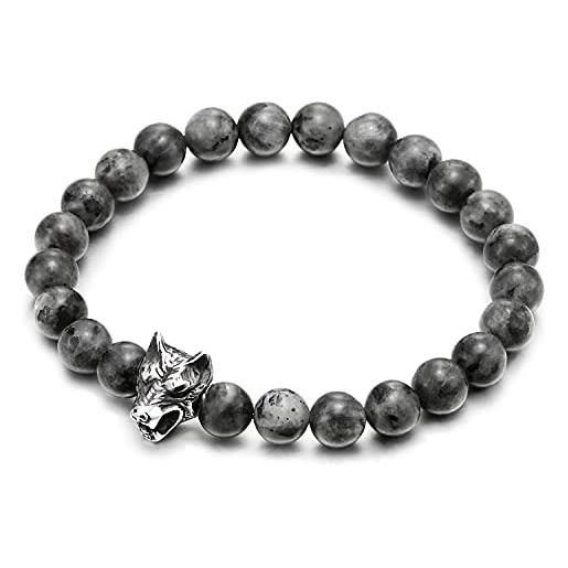 COOLSTEELANDBEYOND 8mm nero pietre, uomo bracciale braccialetto di perle, acciaio testa di lupo charm fascino, estensibile