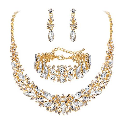 Clearine - set di gioielli da donna per matrimonio con cristalli austriaci tagliati a marquise, con collana, bracciale e orecchini con pendente, lega di acciaio