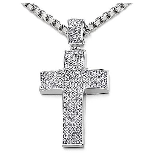 COOLSTEELANDBEYOND grande croce collana con pendente da uomo donna, ciondolo croce, acciaio inossidabile, con zirconi, catena grano 75cm
