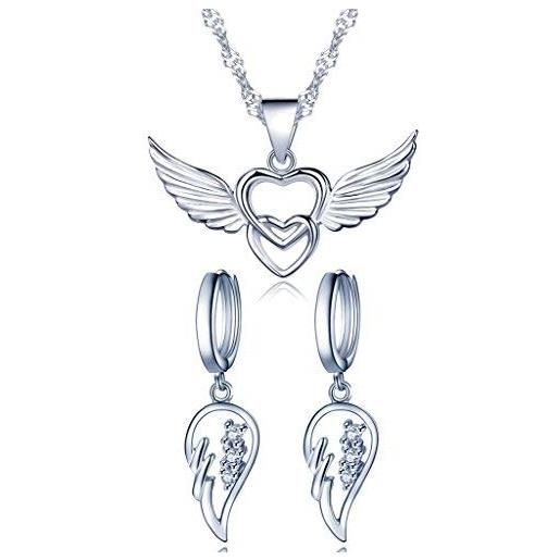 Yumilok collane da donne orecchini in argento sterling 925, collane a doppio cuore con ali di angelo e orecchini con pendenti;E zirconi