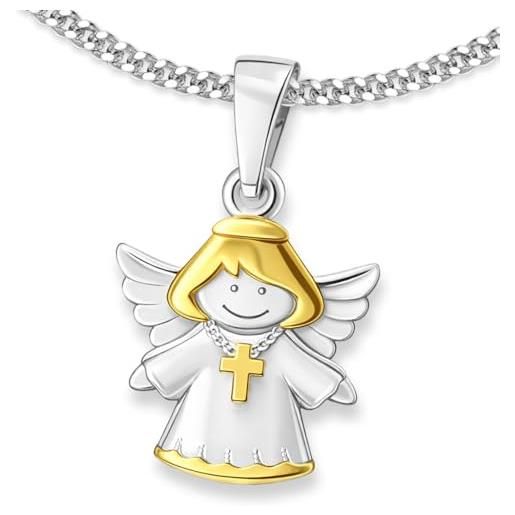 CLEVER SCHMUCK Collana Bambino/Adolescente Con Ciondolo Angelo E Croce | Argento 925 Bicolore, Catena 42 Cm, Regalo Battesimo/Comunione