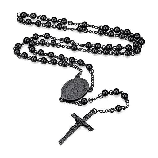 FaithHeart collana rosario cristiano medagila san michele argento nero oro catena lunga di perline preghiera 66+16 cm collana amuleto gioielli religiosi regalo compleanno