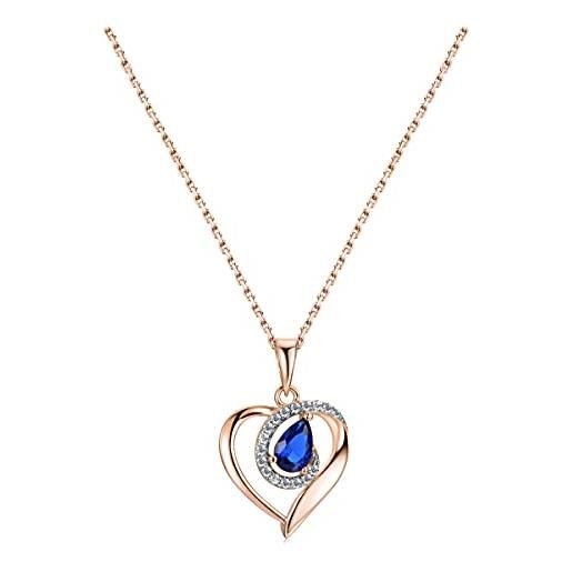 YOURDORA collana da donna in argento sterling 925 con ciondolo a forma di cuore con cristallo austriaco blu, oro rosa