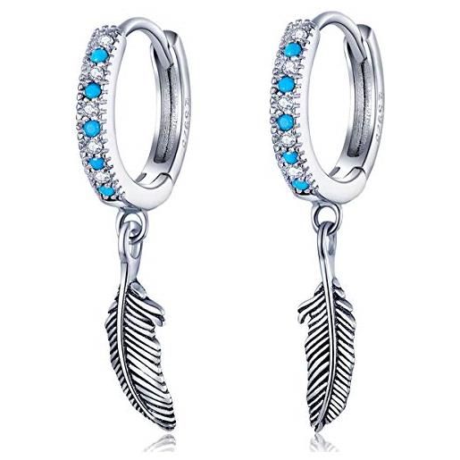 Qings foglia di piume orecchini in argento 925 donna, orecchini a cerchio con zirconi cubici con turchese blu, gioielleria raffinata per ragazza regalo di compleanno