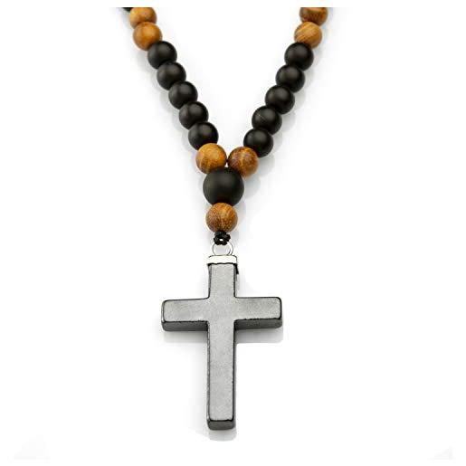 Perla Style collana da uomo con croce in ematite collana rosario per ogni occasione collana lungo con pietre di onice opaco da 6 mm