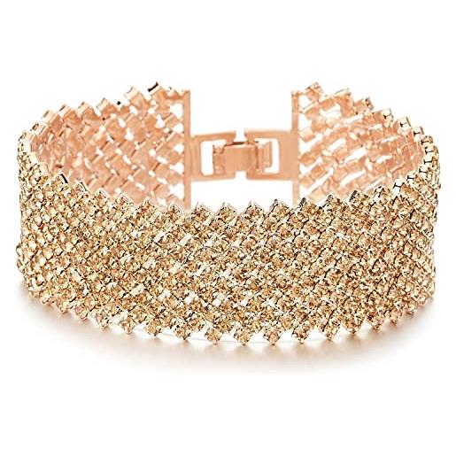 COOLSTEELANDBEYOND scintillanti champagne oro strass pavé cluster largo oro rosa braccialetto bracciale da donna, bling bling