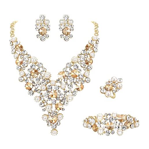 Clearine matrimonio sposa simulato perla strass cristalli cluster dichiarazione collana bracciale dangle orecchini anello gioielli set per donne spose champagne oro-fondo