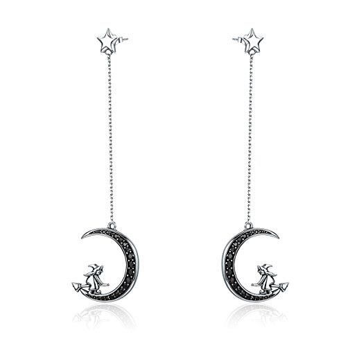 NewL orecchini pendenti lunghi da donna, in vero argento sterling 925, raffiguranti una strega, la luna e una stella, con zirconia cubica nera