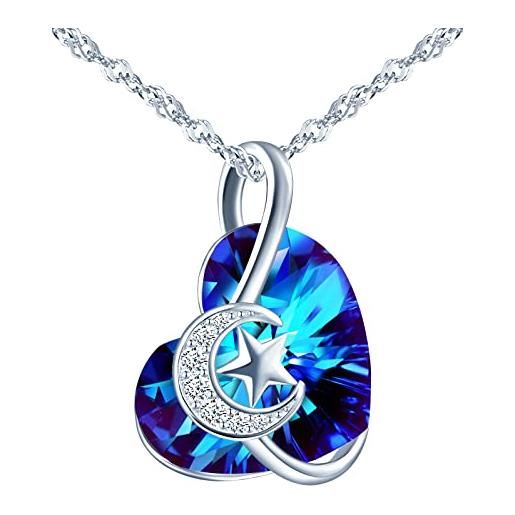 INFINIONLY collana di cristallo cuore dell'oceano, pendente cuore da donna, in argento 925, collana di cristalli blu oceano, circondato da stella e luna, intarsiato con zircone lucido, catena 45cm