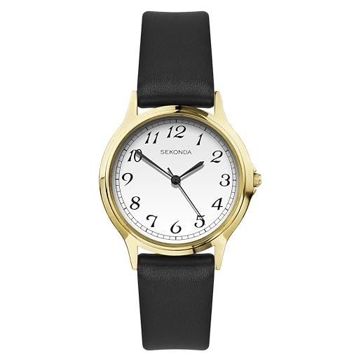 Sekonda orologio classico da donna, al quarzo, facile da leggere, con display analogico bianco e cinturino nero, cassa dorata, colore: ral