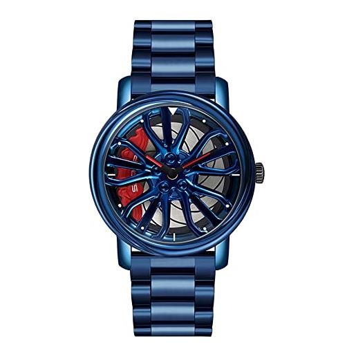ZFVEN uomo 3d orologio del mozzo ruota dell'automobile del cerchio 360° spinning motorsport movimento al quarzo giapponese hollow stereoscopic design orologio da polso (blue)