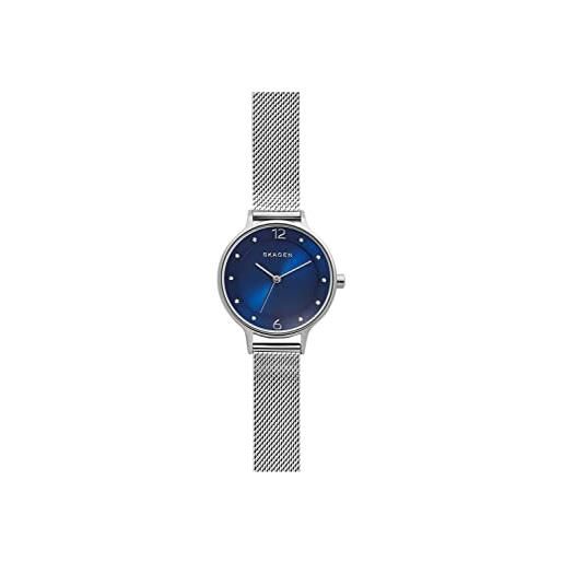 Skagen anita lille orologio per donna, movimento al quarzo con cinturino in acciaio inossidabile o in pelle, tono argento e blu, 30mm