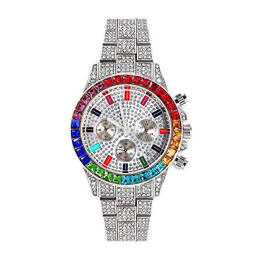 Lumemery orologio al quarzo cronografo uomo hip pop con quadrante rotondo simulato diamante simulato orologio da polso analogico